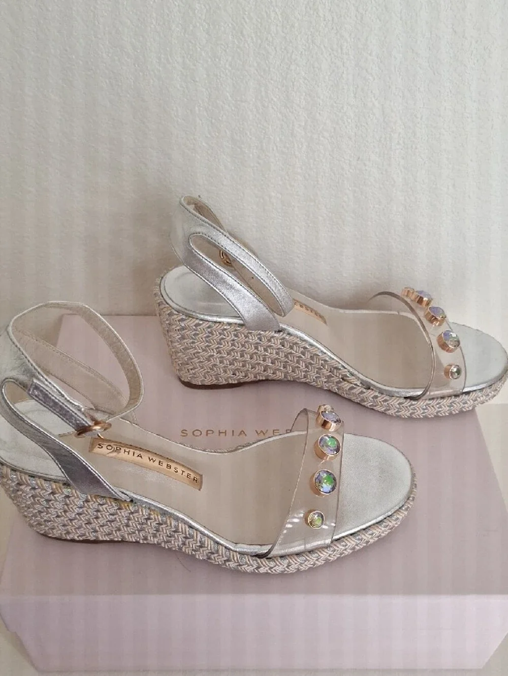 Sophia Webster Silver Wedge Sandals with Iridescent Gem Details
